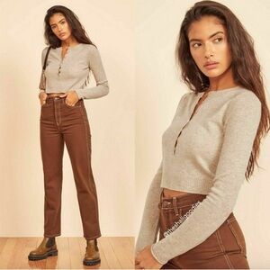 REFORMATION Cashmere Henley Sweater In Oatmeal